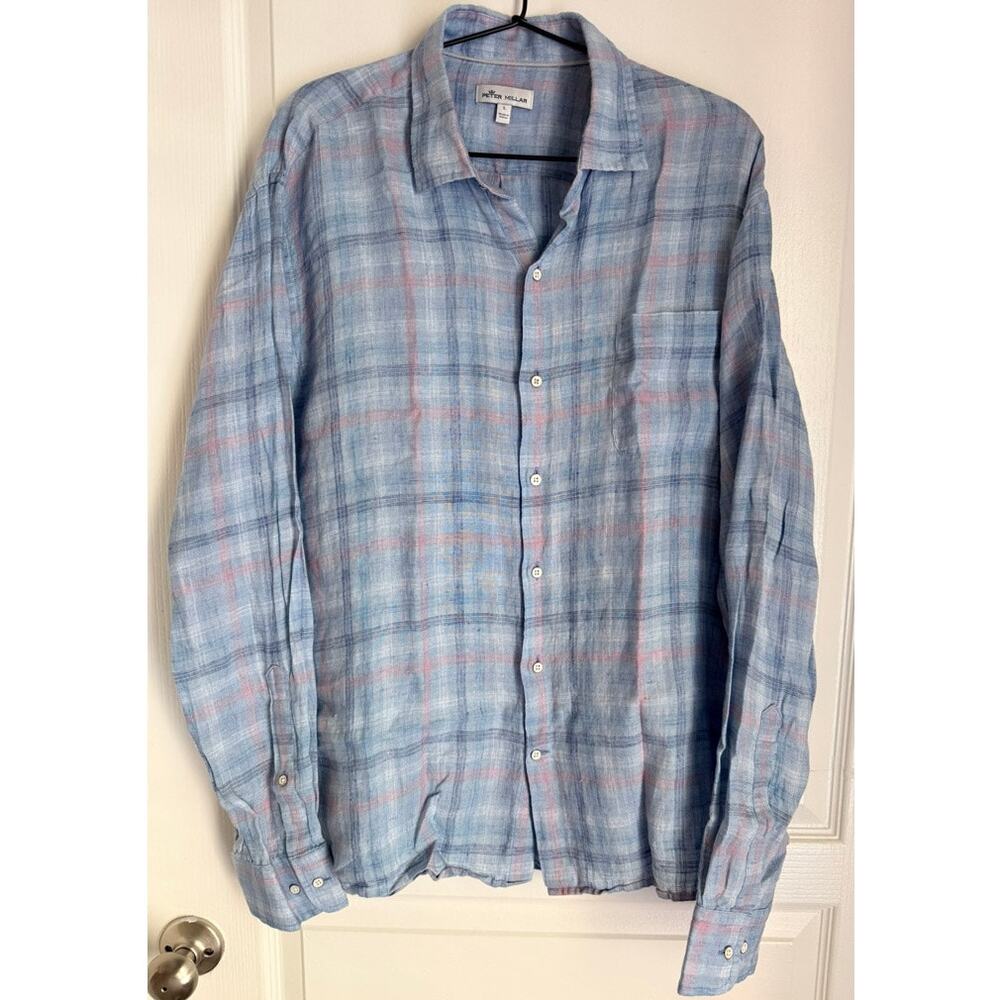 Peter Millar Men's Seaside Crystal Beach 100% Linen Size Large Plaid Button Up